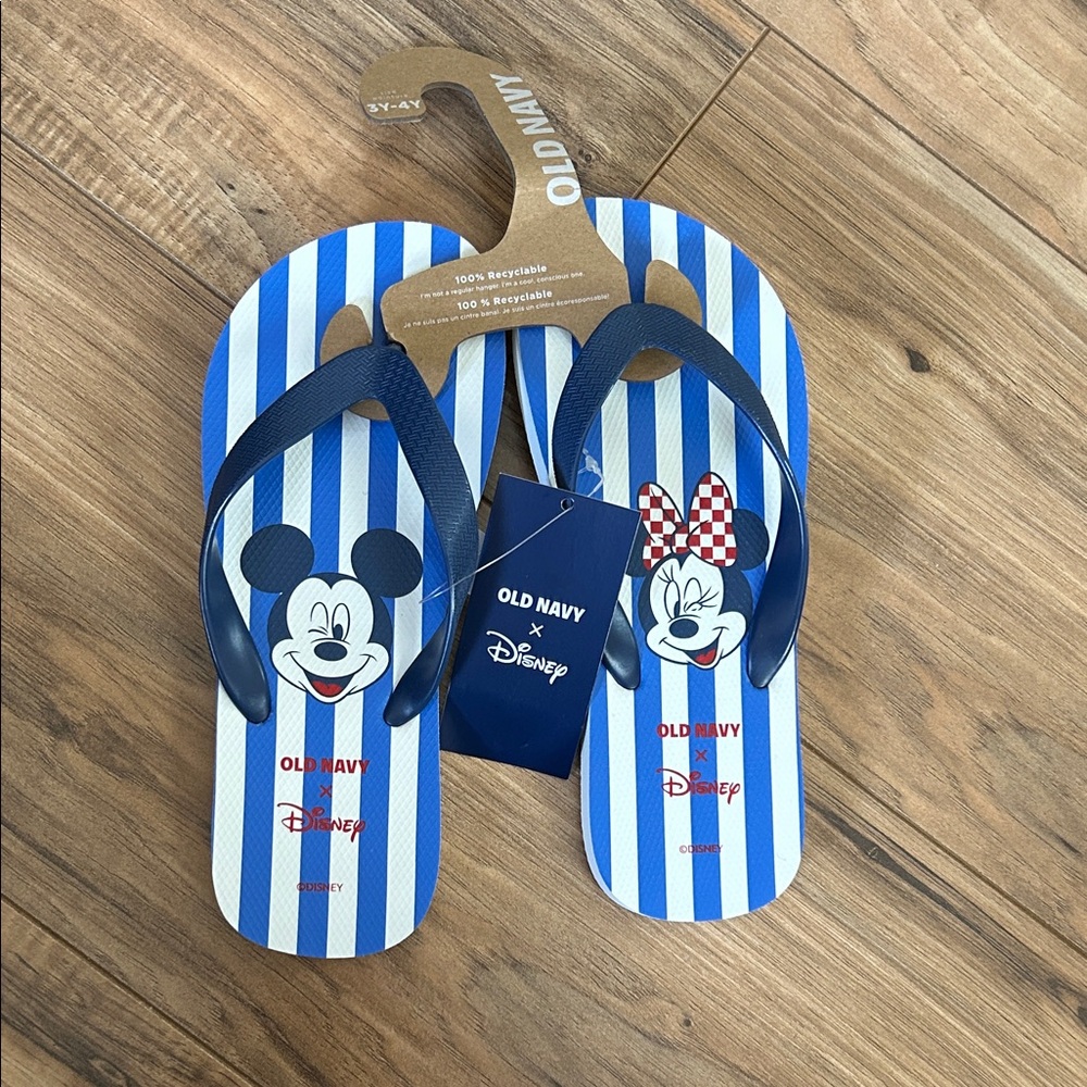 Old Navy Blue & White Striped Mickey and Minnie Flip Flops
